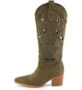 WIRALOMI Women's Embroidered Knee High Cowboy Boots with Chunky Heel