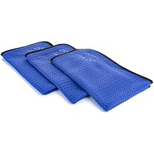 The Rag Company Dry Me A River, Professional Korean 70/30 Blend Microfiber Waffle-Weave Drying & Detailing Towels, Soft Suede Edges, 390 GSM, 16x24 Inches, Royal Blue, 3-Pack