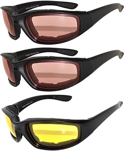 Image of OWL 3 Pack Motorcycle Riding Glasses, Padded Sport Sunglasses, Assorted Colors for Men and Women