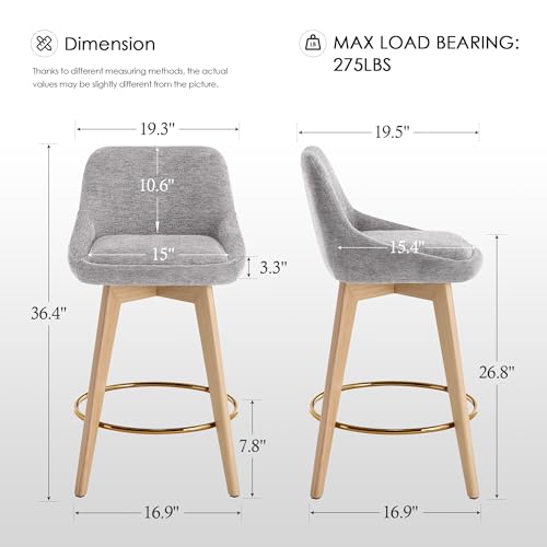 Image of Zesthouse Swivel Counter Height Stools Set of 2, 26 inch Wooden Barstools with Back & Solid Wood Legs, Modern Upholstered Bar Stools for Kitchen Island, Grey Linen Fabric Counter Height Chairs