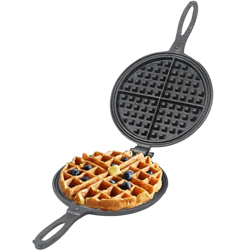 Cast Iron Waffle Maker - 8 inch Round Stovetop Waffle Iron, Two Piece Hinged Non-Electric, Quick Heating, Easy Clean