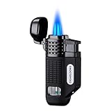 CIGARLOONG Cigar Lighter 4 Jet Torch Blue Flames Refillable Butane Torch Lighter with Cigar Punch (Color:Black)