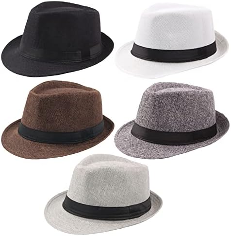 Ultrafun 5 Pack Short Brim Fedora Classic Summer Beach Sun Hat Panama Straw Cap for Men Women (Medium, 5Pack-Black+White+Coffee+Dark Grey+ Light Grey)