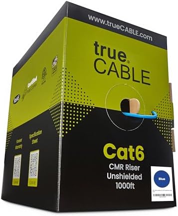 TRUE CABLE Cat6 Riser (CMR), 1000ft, Blue, 23AWG 4 Pair Solid Bare Copper, 550MHz, ETL Listed, Unshielded Twisted Pair (UTP), Bulk Ethernet Cable