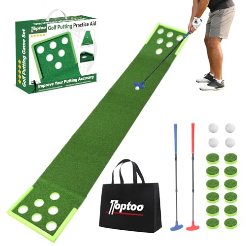 Toptoo Golf Putting Mat with 2 Adjustable Putters 4 Balls 1 Portable Bag - Portable Indoor & Outdoor 9.84ft Golf Putting Practice Green for Home Backyard Office Party Games