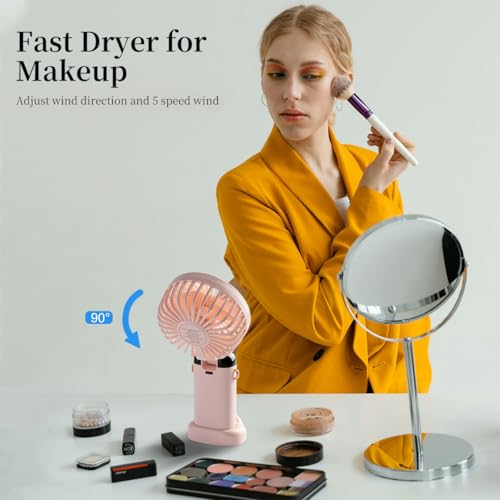Image of Portable Handheld Fan, 12 hours, Upgrade 3200mAh Portable Fan with LED Display, 90 Foldable, 5 Speed Wind,Hand Held /Neck /Desk 3 in 1 Personal Small Fans, Makeup Fans for Women (Pink)