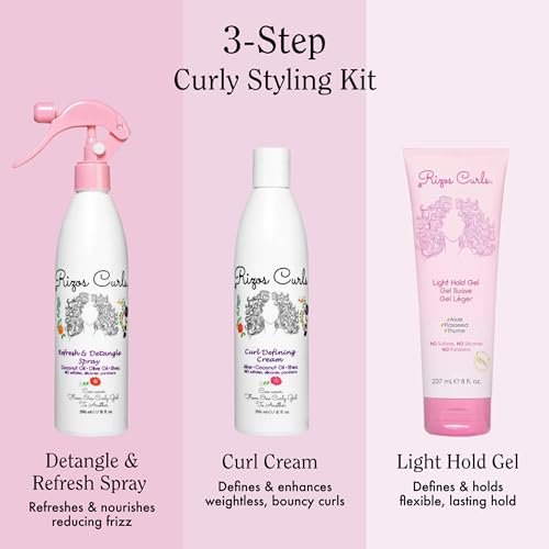 Rizos Curls Styling Starter Kit, Refresh and Detangle Spray & Curl Defining Cream & Light Hold Gel Bundle, Enhance & Define Curls, Add Volume & Hold, Frizz Control & Shine