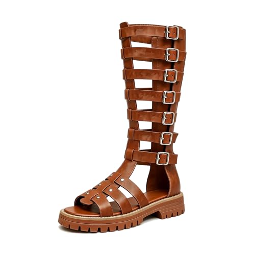 LOEHGMSGE Women’s Knee High Gladiator Boots with Platform Chunky Heel Fashion Mulit Strappy Open Toe Lug Sole Block Heel Sandal Boots with Back Zipper for Summer Party Prom (Brown,8)