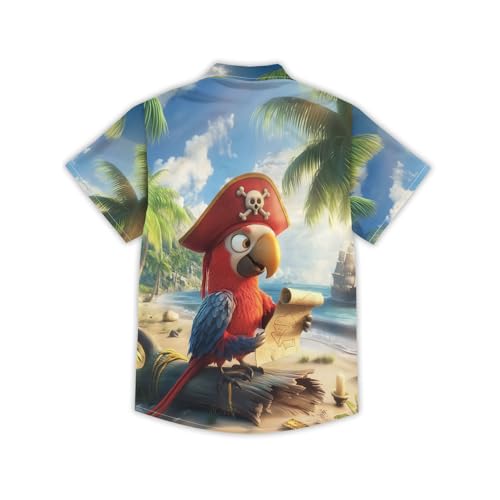 Image of THE PIRATE KING Funny Pirate Hawaiian Shirt Boys Girls Beach Tropical Casual Short Sleeve Button Down Shirt for 5-14 Years