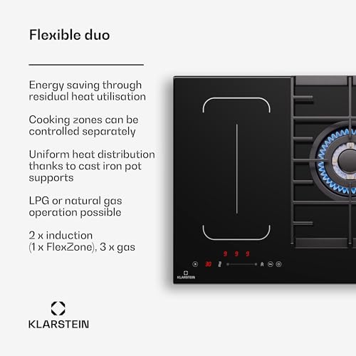Klarstein MultiChef 5 płyta indukcyjna i gazowa - 5 stref, Flexzone, 10,6 Kw, zamek błyskawiczny, wyłącznik i GB, timer, czarny, 87,5 cm
