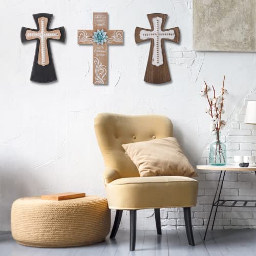Baysbai Cross Wall Decor With Metal Flower - Bless Our Family Cross Decor, Bead Crafts - Religious, Spiritual, Christian, Crucifix, Orthodox Home Decoration - Weathered Wood Look Art Sculpture #TOP7