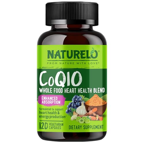 NATURELO Whole Food CoQ10 Supplement 120 Veg Capsules Heart Health Blend Powerful Antioxidant CoQ10 100mg Supports Energy Production