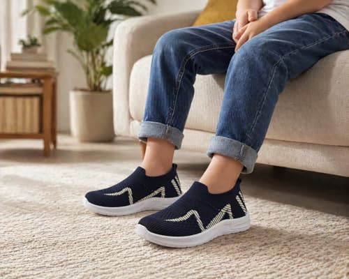 Image of Kids Navy Blue Knit Slip-On Sneakers for Boys | Lightweight Breathable Casual Walking Shoes with Geometric Pattern & Cushioned Sole