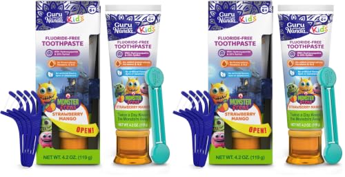 Image of GuruNanda Kids Toothpaste with 2% Hydroxyapatite & 25% Xylitol, Fluoride-Free, Strawberry Mango Flavor, Safe if Swallowed, Gentle & Safe for Young Teeth & Gums, 4.2 oz (Pack of 2)