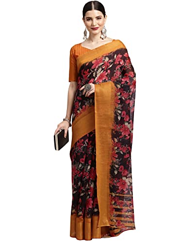 Image of AKHILAM Women's Printed Linen Zari Saree With Unstitched Blouse Piece (FF0BGBLT80001 Parent)