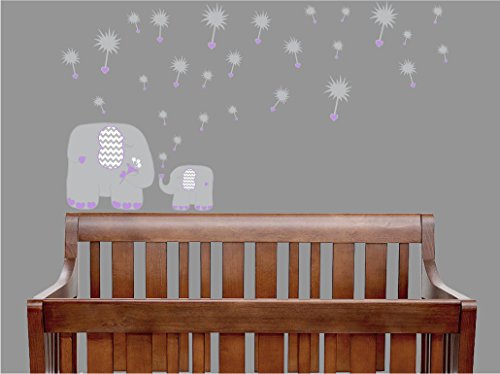 Grey and Purple Dandelions and Elephant Wall Decals Jungle Safari Elephant Wall Decor (Purple Elephant Decals)