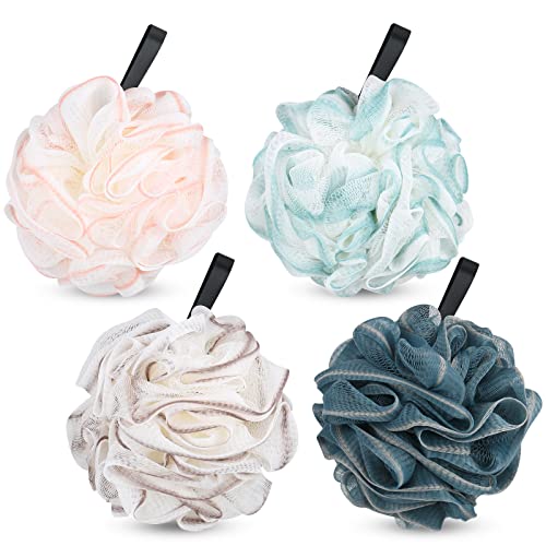 DIQC loofahs Set of 4,Shower Puff for Women and Men,Soft Body Scrubber Bath Sponge Scrunchie Mesh Pouf Bathroom Sponge Skin Exfoliating