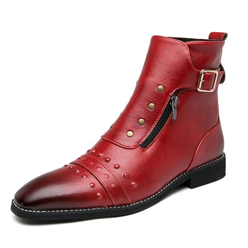 Image of Men's Leather Studded Chelsea Boots with Side Zipper,Adjustable Buckle Comfort Chunky Heel Dress Booties for Motorcycle Riding,Casual Non-Slip Oxford Ankle Boots for Punk Rock Formal