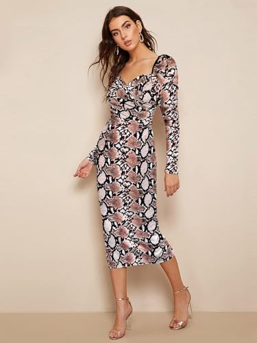 Image of LONDON BELLY Women's Poly Cotton Midi Bodycon Dress with Full Sleeves Sweet Heart Neck Printed Pattern Body Fitted and Calf Length | Women Midi Dress | Casual Party Summer for Womans
