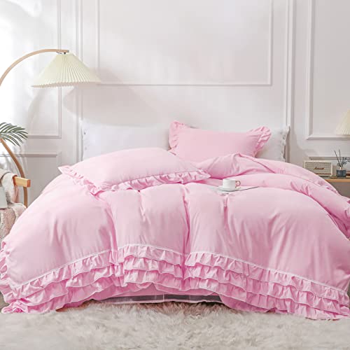 LUCKYBULL Rüschen Bettwäsche-Sets 4-teilig Queen-Size-Rüschen Bettbezug-Sets Hellrosa Romantisches Bettbezug-Set mit Tüll (1 Bettbezug/1 Bettrock/2 Kissenbezüge) Cover