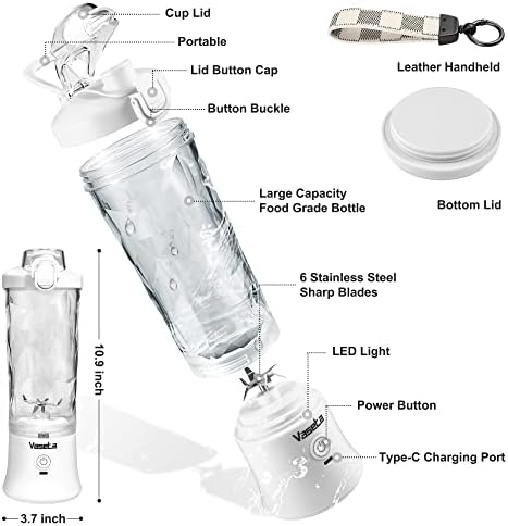 Portable Blender, Personal Size Blender for Shakes and Smoothies, Blender with 6 Blades, 20oz Mini Mixer Rechargeable for Kitchen/Gym/Travel/Office, BPA-Free,White