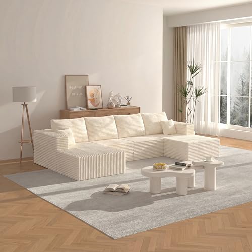 Image of 138 inch Modern Modular Sectional Sofa, U-Shaped Cloud Couch, Soft Corduroy Boneless Couch with 3060 High Rebound Memory Foam, Sectional Couches for Living Room-Beige(Left Facing Chaise)