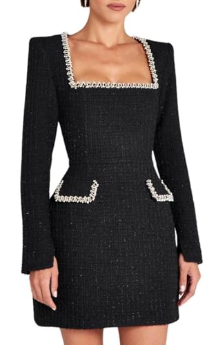 Womens Elegant Formal Tweed Dress Vintage Nail Bead Square Collar