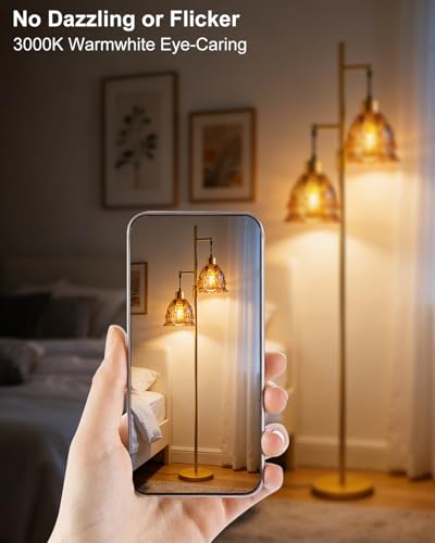 Image of 2-Light Modern Glass Floor Lamp, Gold Tall Standing Lamp with Amber Lace Glass Shade for Reading, Dimmable LED Floor Lamp with 5Lbs Heavy Base for Living Room Bedroom Home Decor, Bulb Included