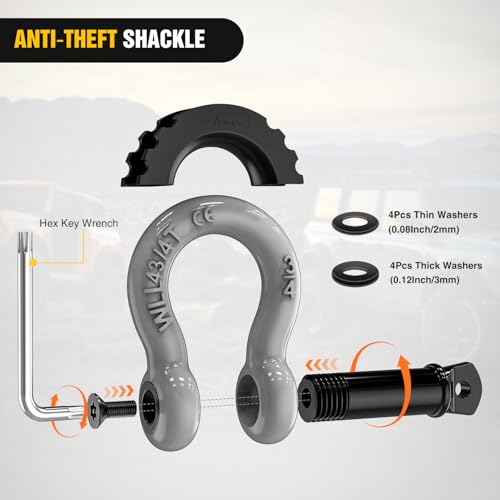 Image of Nilight 3 /4 inch D Ring Shackle 2 Pack 19T (41,887 lbs) Break Strength 4.75T WLL Heavy Duty Towing Hook with Anti-Theft System Anti-Rattle Isolators for Truck Jeep SUV ATV UTV Recovery Grey