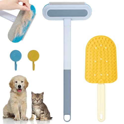4 in 1 Pet Hair Remover for Carpet - Double-Sided Dog Cat Cleaning Brush Set With Hooks, Reusable Brush for Clothes, Furniture and Glass