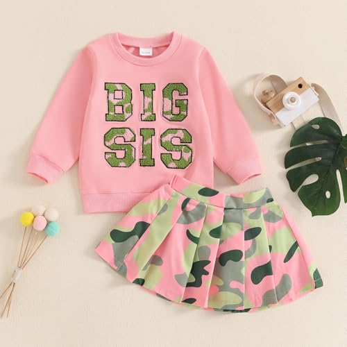 VISGOGO Big Sister Toddler Girl Skirts Outfit Dress Tops Long Sleeve Letter Embroidery Sweatshirt Tulle Skirt Set2