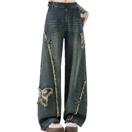 Women's Daily Casual Pants American high Street y2k Commuting Style Butterfly Embroidery Retro Blue Jeans