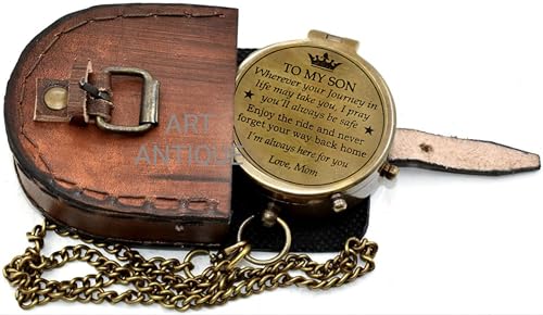 Brújula de latón grabada con estuche de cuero miniatura 6
