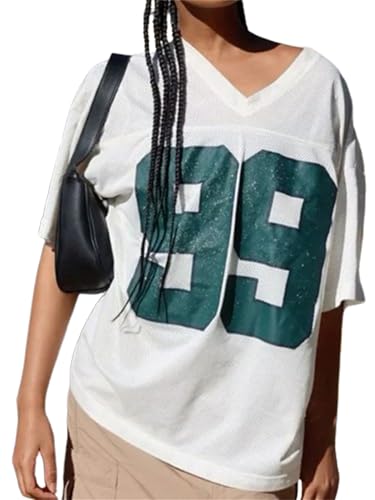 ensswliz Jersey Shirts for Women Y2k Oversized Number Graphic Tees V Neck Casual Jersey Summer Sporty Aesthetic Preppy Streetwear (A-White, S)