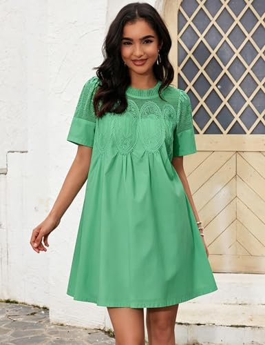 Image of Shiyifa Womens Babydoll Lace Patchwork Dresses Summer Short Sleeve Ruffle Sundress Loose Crew Neck A-Line Dresses