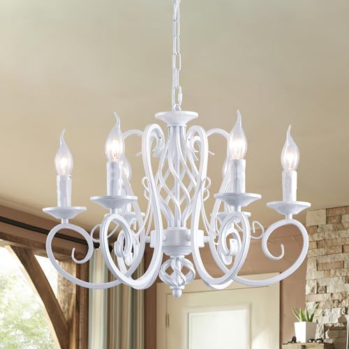 Ganeed Rustic French Country Chandelier Farmhouse Candle Iron Chandeliers Vintage Metal Pendant Light Fixture for Kitchen Island Dining Room Bedroom White 6 Lights