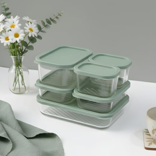 Image of Femora Borosilicate Glass Food Storage Containers with Lids Set of 6 (310ml x2, 520ml x2, 750ml, 1200ml | Rectangular, Airtight & Leakproof | Microwave & Dishwasher Safe | Green