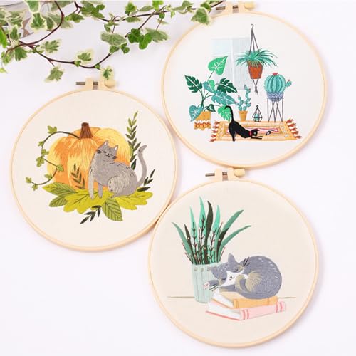 Image of XM-GENYUE 3 Sets Cute Cat Embroidery Starters Kit with Pattern for Beginners, Full Range of Stamped Cat and Flower Cross Stitch Kit Set with Embroidery Hoop Cloth Thread Needlepoint Kit