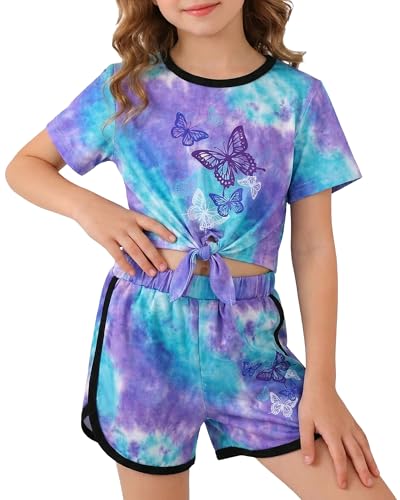 Image of Jecson Girls Summer Outfits 2Pcs Kids Clothes Girls Tie Knot Front Tops T-Shirts and Casual Short Sets 5-12Y