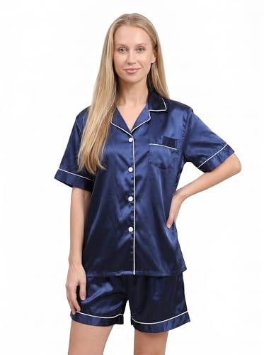 Image of Jecery 2 Piece Summer Pajamas for Women Man Soft Couples Matching Pjs Short Satin Button Down Sleepwear for Bride Groom Gift