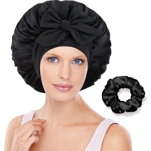 100% Mulberry Silk Bonnet for Sleeping Women Pure Real Silk Bonnet with Tie Hair Bonnets for Women Sleeping Double Layer Large Sleep Cap for Curly Hair Braids Long Hair