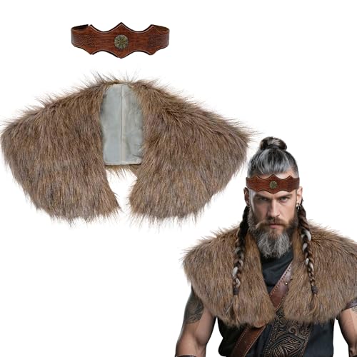 Vifcotlyp Châle viking en fausse fourrure avec bandeau en cuir - Costume de barbare pour homme - Cape d'épaule et col enveloppant - Costume de barbare pour Halloween et cosplay