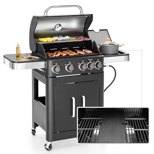 MFSTUDIO 4-Burner Propane Gas BBQ Grill with Side Burner & Porcelain-Enameled Cast Iron Grates, Grill Griddle Combo, 46,700 BTU for Outdoor Backyard Cooking, Black