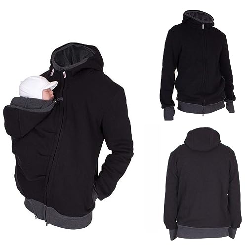 HEGZA 2 in 1 Multifunzione Uomo Felpe del Portare Neonato Bambino Hoodie Cappuccio, Mens Canguro Felpa Felpa con Cappuccio,Nero,XL