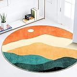 Sungea Abstract Round Rug 3ft, Faux Wool Soft Throw Area Rugs, Washable Farmhouse Small Circle Rug, Floor Low Pile Mats for Bedroom Bathroom Laundry Room Nursery Decor