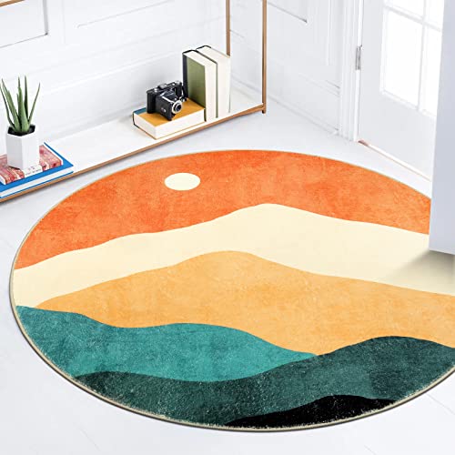 Sungea Abstract Round Rug 3Ft, Faux Wool Soft Throw Area Rugs, Washable Farmhouse Small Circle Rug, Floor Low Pile Mats For Bedroom Bathroom Laundry Room Nursery Decor #TOP7