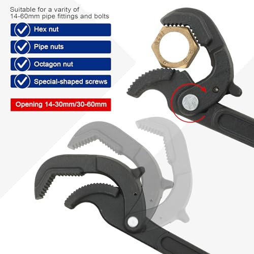 NYXOVA Adjustable Wrench, 2pcs Multi-function Spanner, Heavy Duty Quick Self-Adjusting Spanner Power Grip with 0.6\"-2.4\" / 14-60MM Pipes Nuts Screws - Thumbnail 5