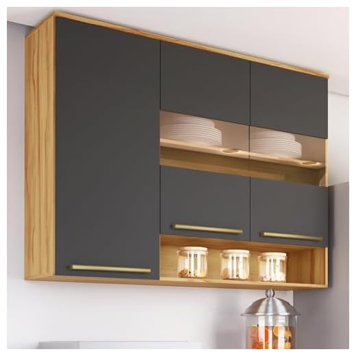 Armário Aéreo de Cozinha 120cm com 3 Portas Vidro Reflecta e Nicho 100% Mdf Itália Amêndoa/Chumbo