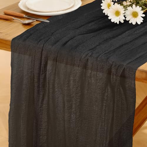 Mode Boho Tischläufer Schwarz 280 X 80 cm Tischläufer aus Käsetuch Waschbar Rustikaler Läufer für Hochzeit Silvesterparty Babyparty Brautparty Küche Tisch Dekoration