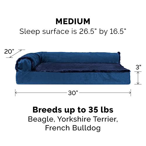 Image of Furhaven Orthopedic Dog Bed for Medium /Small Dogs w / Removable Bolsters & Washable Cover, For Dogs Up to 35 lbs - Plush & Velvet L Shaped Chaise - Deep Sapphire, Medium